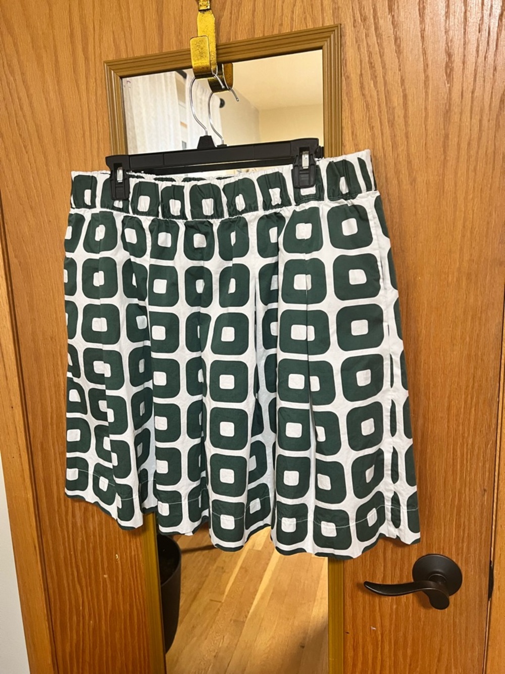 Boden Green and White Geometric A-Line Skirt with Pockets size 16/18